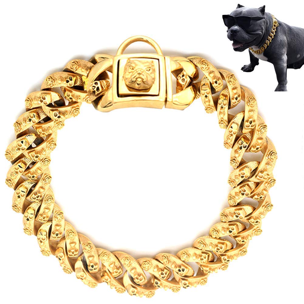 Stainless Steel 316L Skull Dog Collar with Lock - 32mm Heavy Duty Chain Choker for Pitbull, Mastiff & Large Breeds - Gold 75cm Training Slip Collar for Hip Hop Style & Outdoor Protection