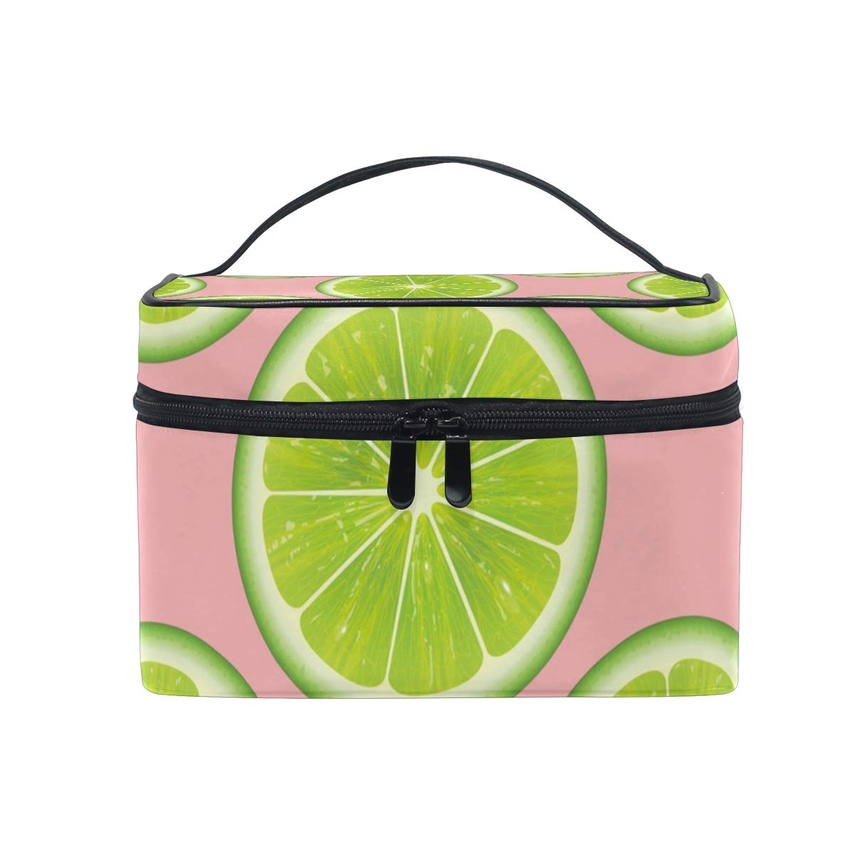 Green Fresh Lime Pattern Cosmetic Bag - Pink Background Travel Train Case, Portable Toiletry Organizer for Makeup & Storage | Perfect for Travel, Gym, and Daily Use