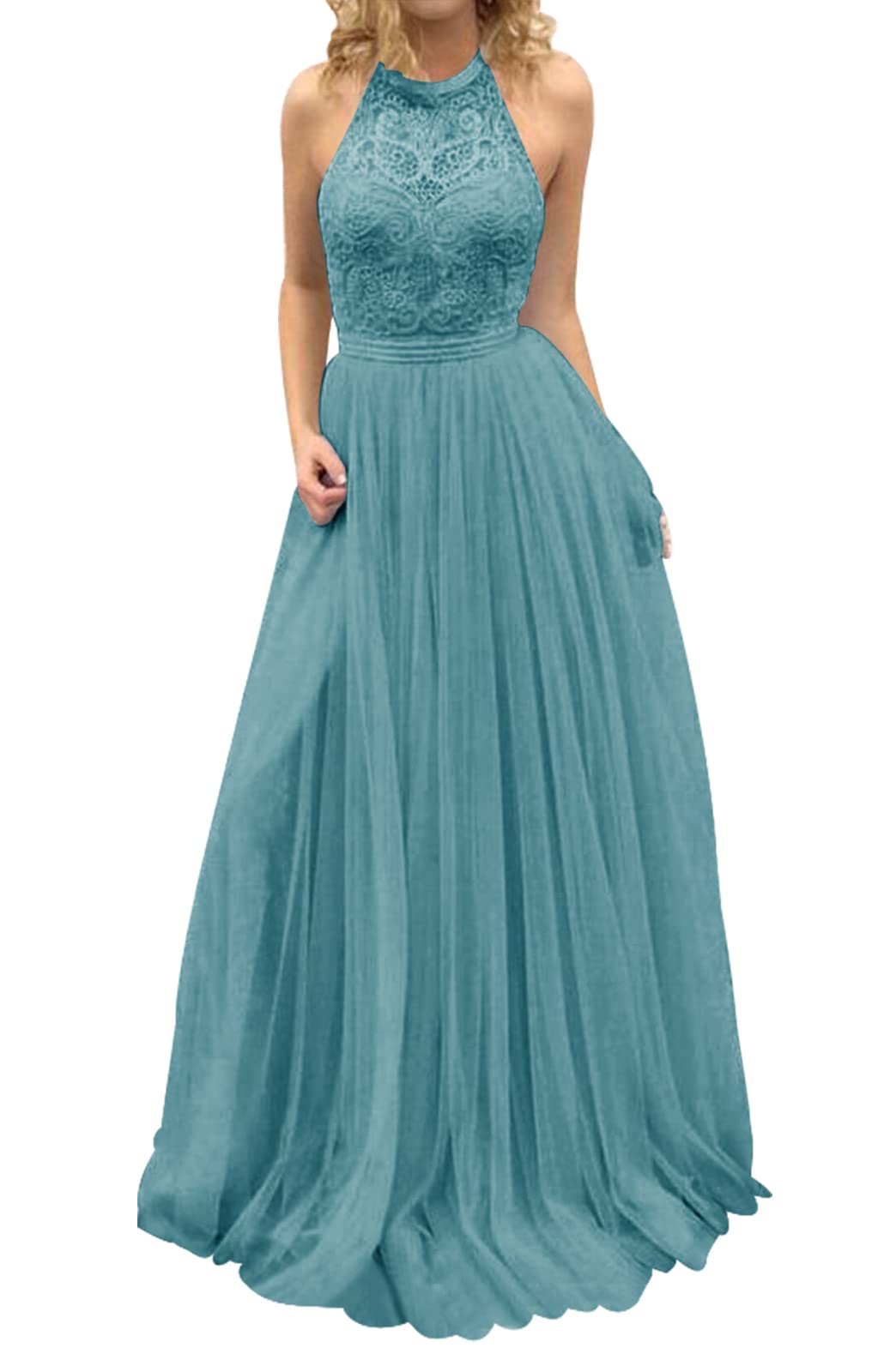 Elegant Long Prom Dress with Lace & Tulle - Halter Bridesmaid Dress for Weddings, Formal Evenings & Special Occasions | Perfect for Homecoming, Quinceañera & Black Tie Events