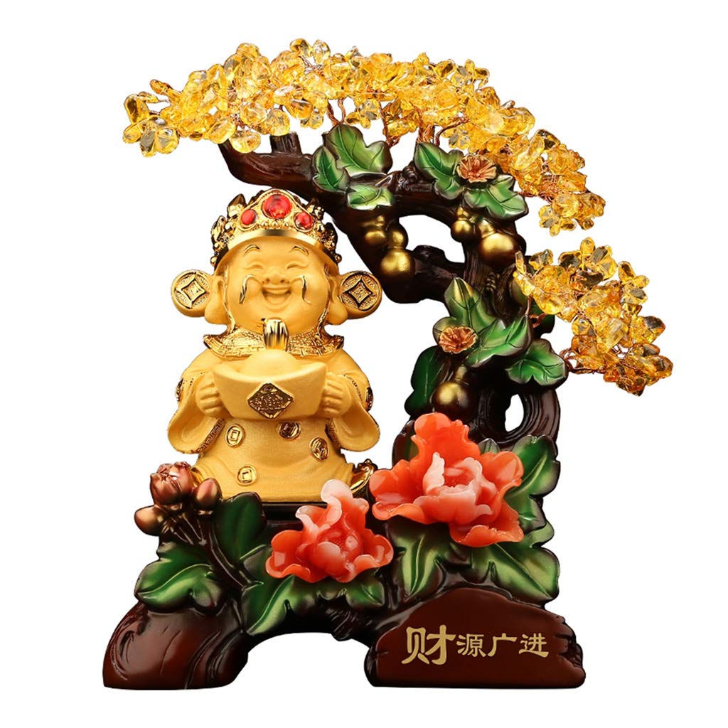 Golden Wealth God Money Tree Statue - Feng Shui Decor for Home, Office & Wine Cabinet - Auspicious Gift for Wedding, Housewarming & Prosperity (16x10x20cm)
