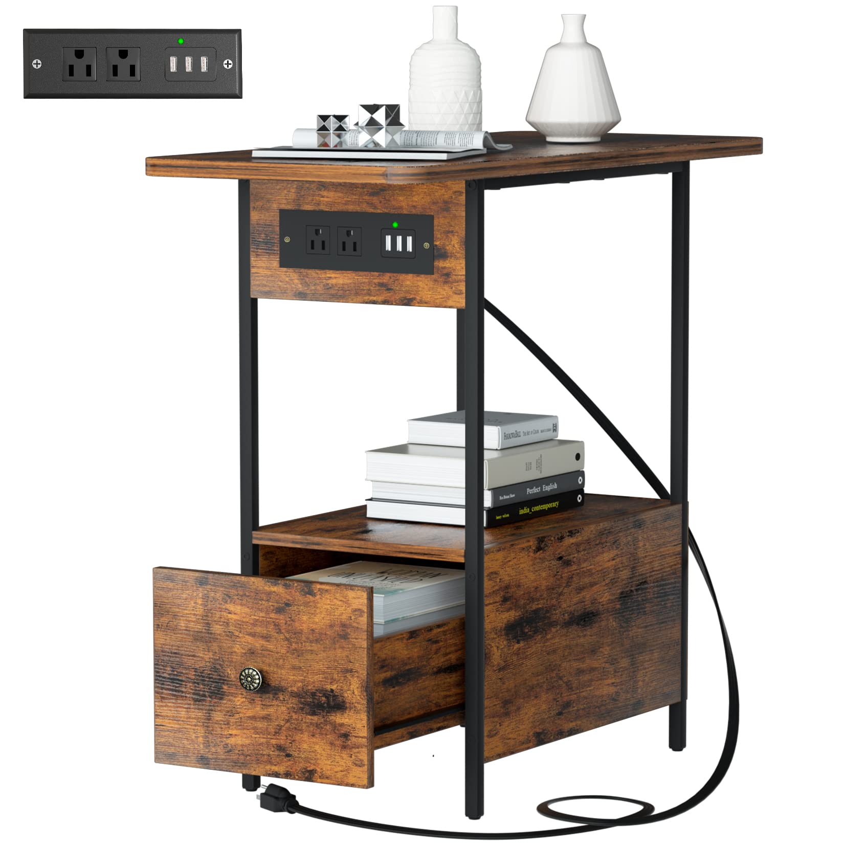 Yenlure Small End Table with USB Charging Station - Nightstand with Wooden Drawer & Electrical Outlets - Rustic Brown Side Table for Bedroom, Living Room | Perfect for Charging Devices, Reading Lights & Small Space Storage
