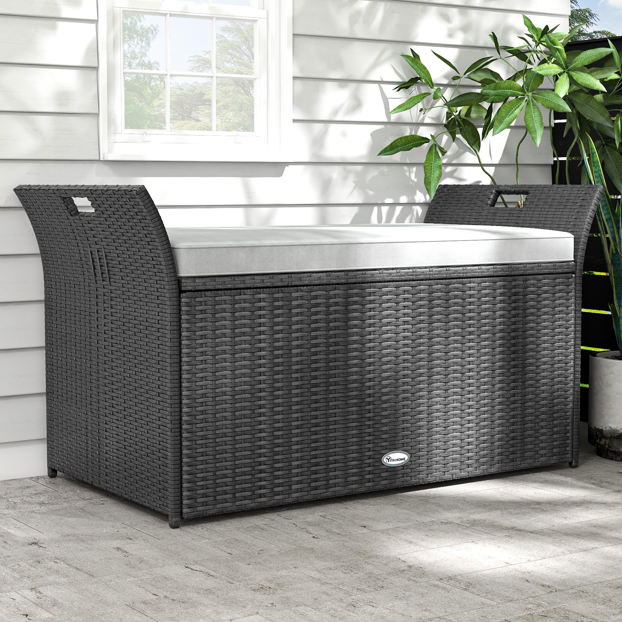 YITAHOME 90 Gallon Outdoor Wicker Storage Bench with Cushion - Large PE Rattan Deck Storage Box with Handles & Hydraulic Lid - Perfect for Patio Furniture Cushions, Garden Tools, Pool & Sports Equipment Storage - Weatherproof Black & Grey Design for Backyard, Deck or Poolside Use