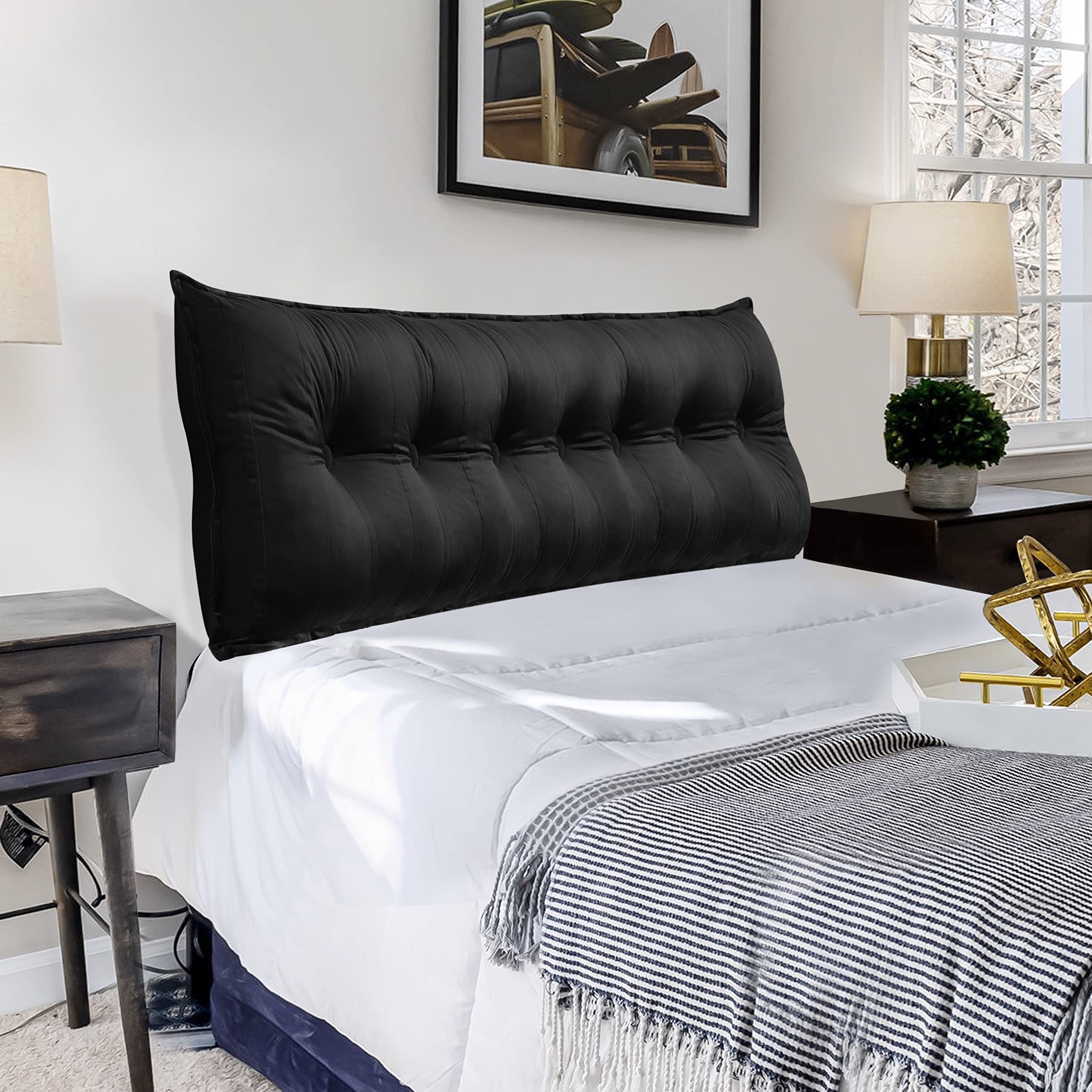 VERCART Large Bolster Headboard Pillow - King Size Bed Rest Reading Pillow with Velvet Washable Cover (Black) - Perfect for Daybeds, Back Support & Cozy Reading in Bed