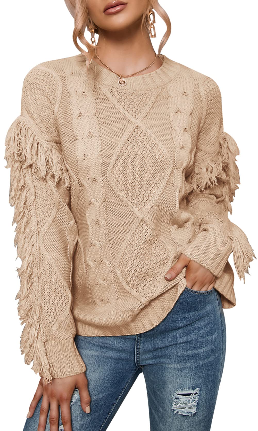 Women's Tassel Sweater - Soft Crew Neck Long Sleeve Loose Knit Pullover Top for Casual Wear | Perfect for Fall, Winter & Office Outfits
