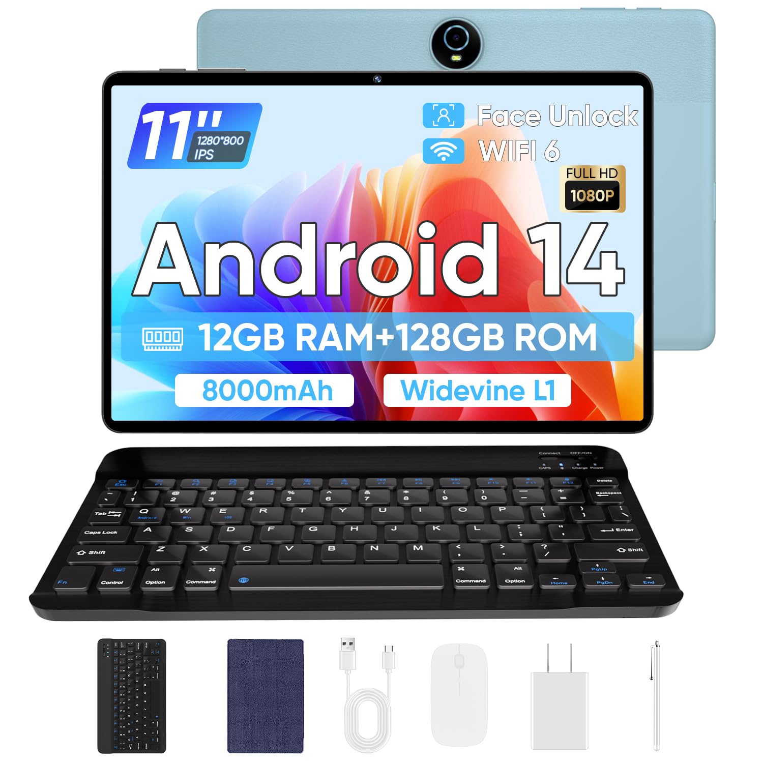 2025 Upgraded Android 14 Tablet - 11 Inch 12GB RAM 128GB Storage (1TB Expandable) with Keyboard | Octa-Core CPU, Dual WiFi6, Face Unlock, 18W Fast Charging, 8000mAh Battery | Perfect for Work, Study & Entertainment