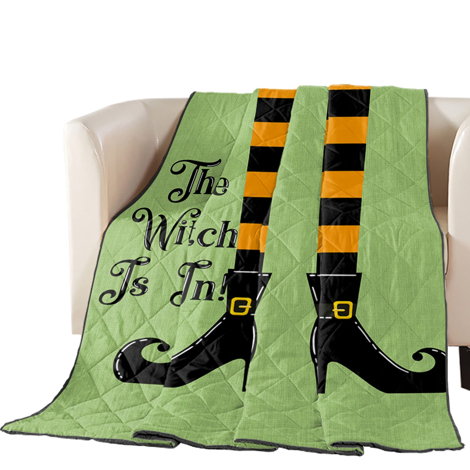 Down Alternative Reversible Comforter - Ultra Soft Lightweight Blanket Quilt with Green Linen Texture | Halloween Witch Shoes Design | Perfect as Bedspread, Coverlet or Duvet Insert for Cozy Bedroom Decor