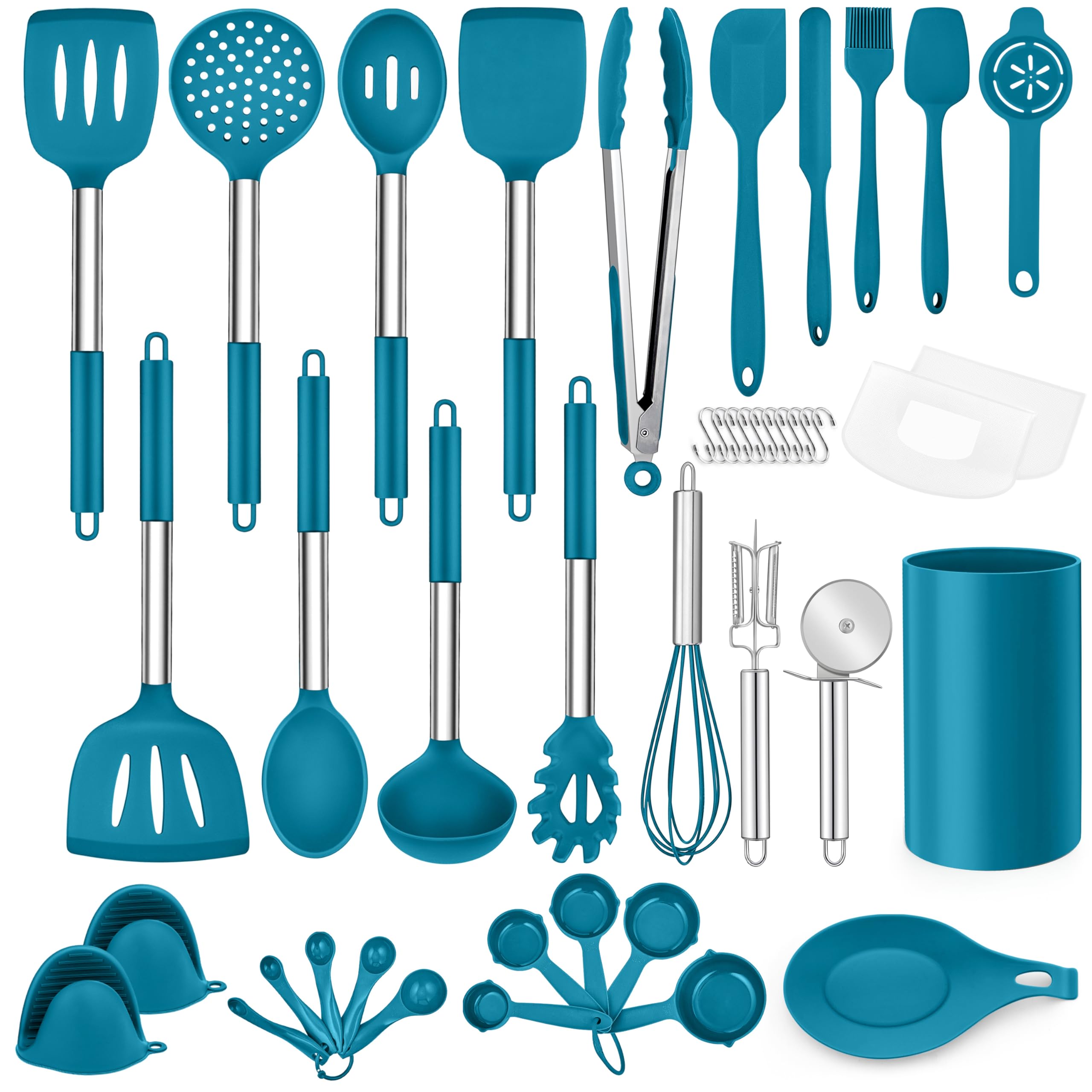 43-Piece Silicone Kitchen Utensil Set with Holder - Heat Resistant Spatulas, Stainless Steel Handles - Nonstick Cookware Safe Cooking Tools (Blue) - Perfect for Baking, Frying & Everyday Meal Prep