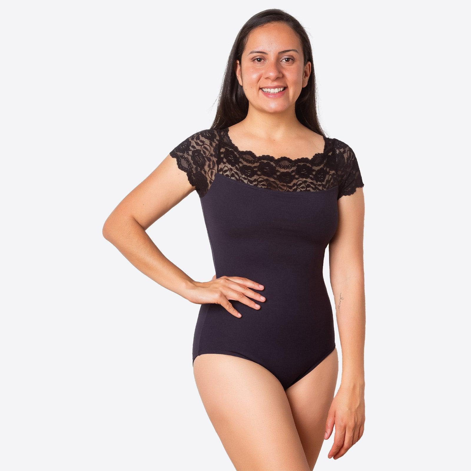 Só Dança Adult+ Maria Black Cap Sleeve Dance Top with Lace Detail - Perfect for Ballet, Contemporary & Latin Dance Performances