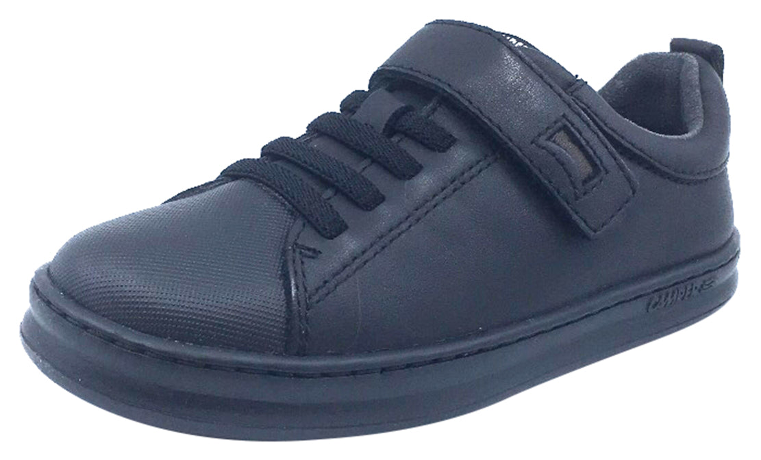 Boys & Girls Leather Hook and Loop Elastic Lace Sneakers - Black Comfortable Casual Shoes for Kids Outdoor Play & School Activities