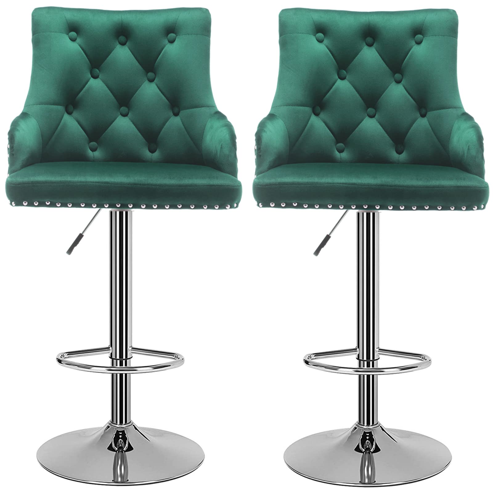 Velvet Bar Stool Height Adjustable Swivel Bar Chair with Backrest & Footrest - 360° Rotation, Gas Lift Mechanism, Chrome Base - Perfect for Breakfast Bars, Kitchen Islands & Dining Rooms (Green)
