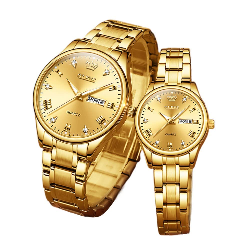 OLEVS Romantic Couple Watches Set - His & Her Matching Stainless Steel Quartz Watches with Date Calendar, Waterproof for Men & Women | Perfect Valentine's Gift, Anniversary Present for Couples - Ideal for Date Nights, Weddings & Special Occasions