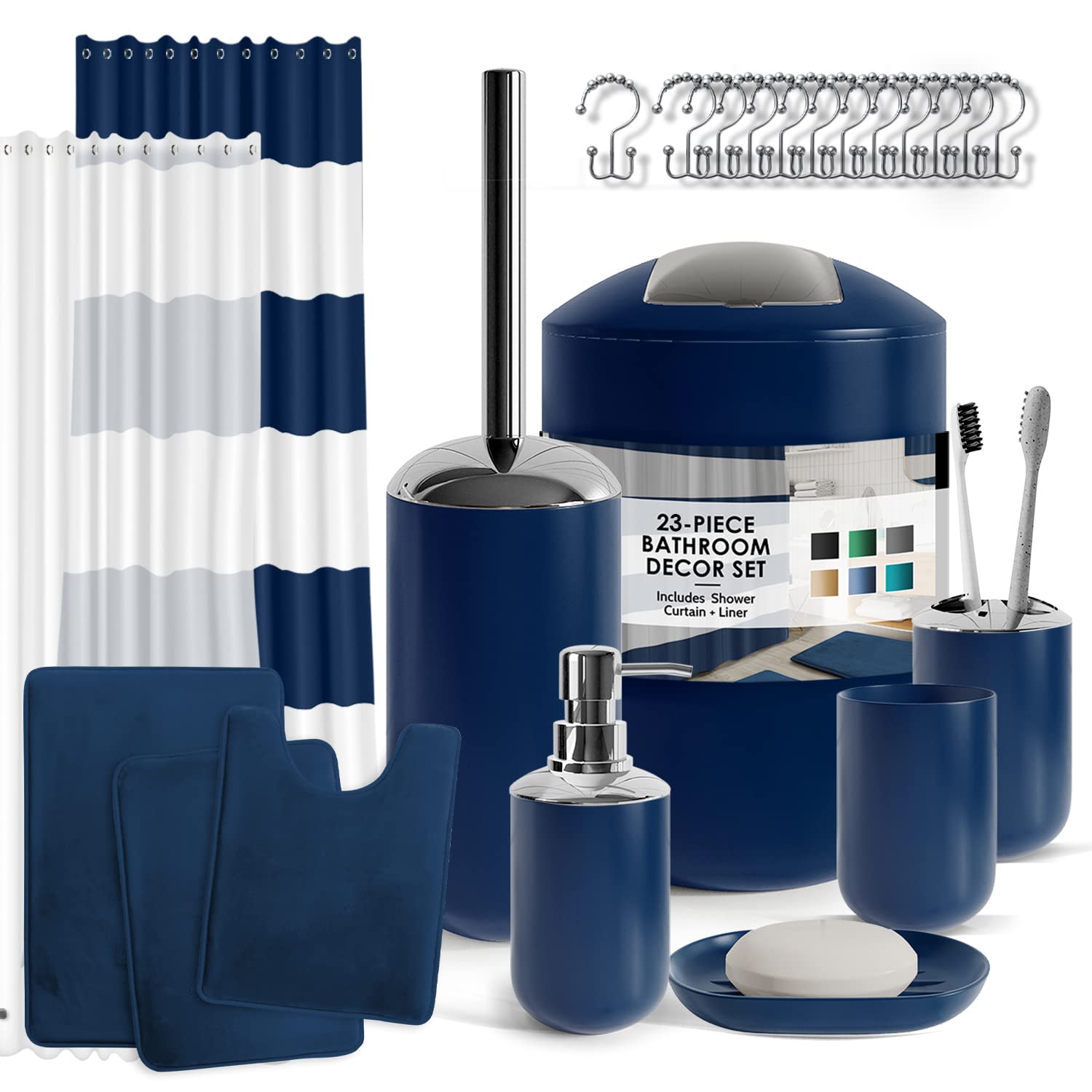 Clara Clark 23PC Navy Bathroom Set with Shower Curtain & Rugs - Perfect for Modern Bathrooms