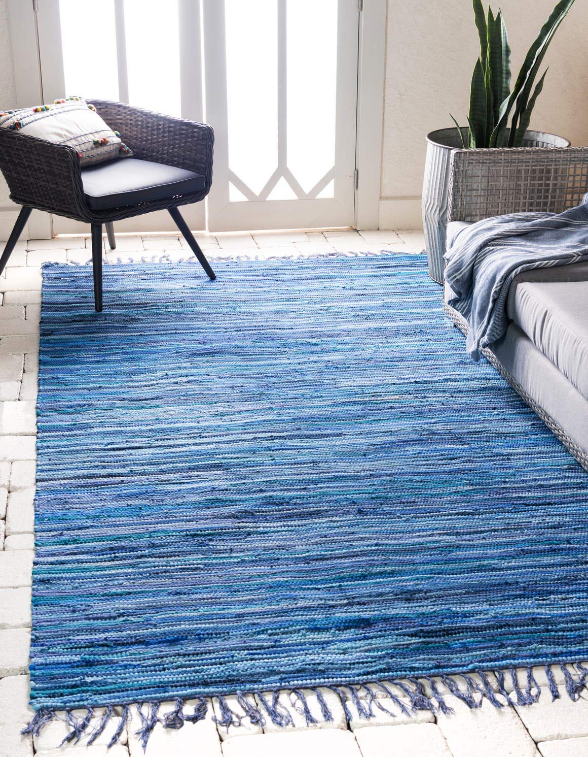 Unique Loom Handwoven Chindi Cotton Striped Area Rug - 9x12 Feet Navy Blue & Ivory - Natural Fiber Soft Floor Mat for Living Room, Bedroom, or Boho Home Decor