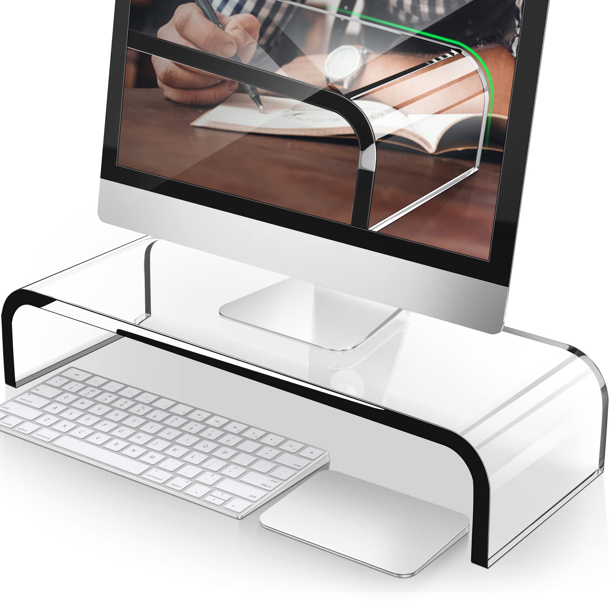 AboveTEK 20-Inch Acrylic Monitor Stand - Premium Clear Computer Riser for Laptop, Keyboard & Printer Storage - Home & Office Desk Organizer for Monitors, TVs & Workspace Setup