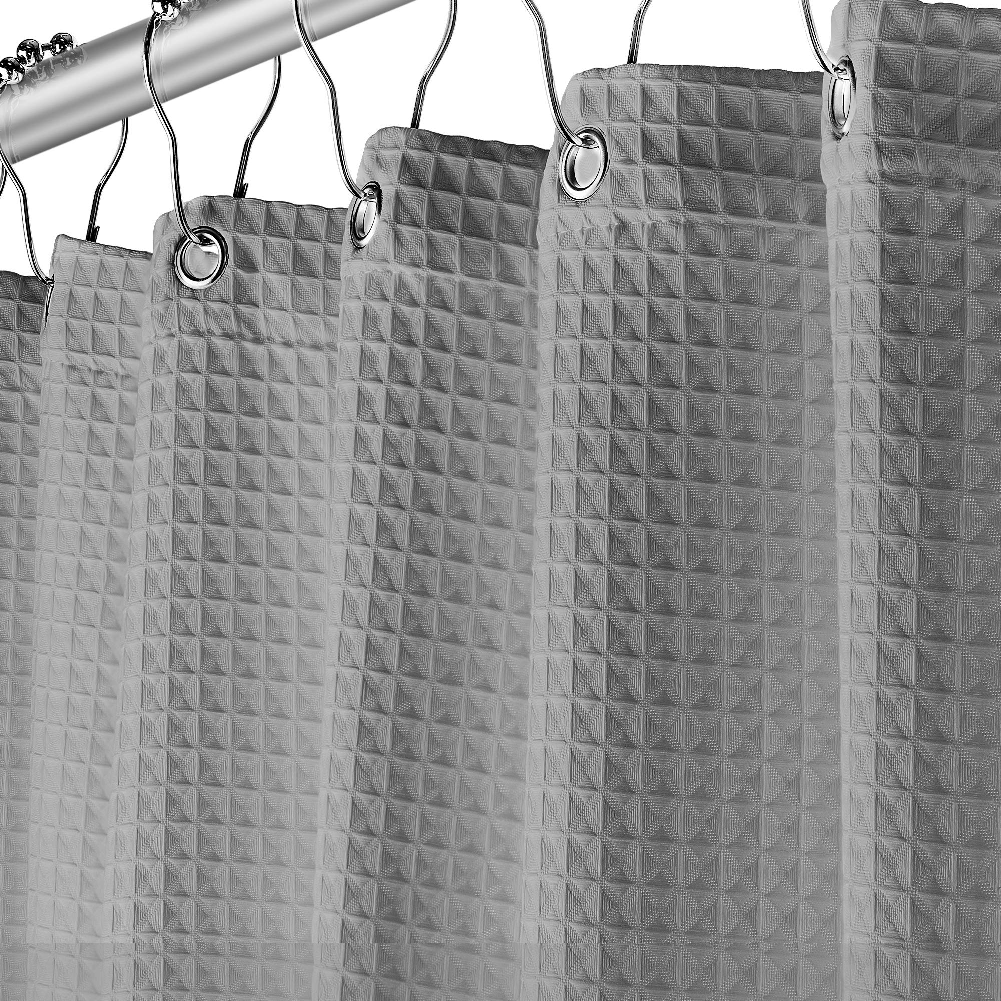 Luxury Waffle Weave Shower Curtain - Grey Water Repellent Bathroom Curtain with 230 GSM Heavy Fabric, 72