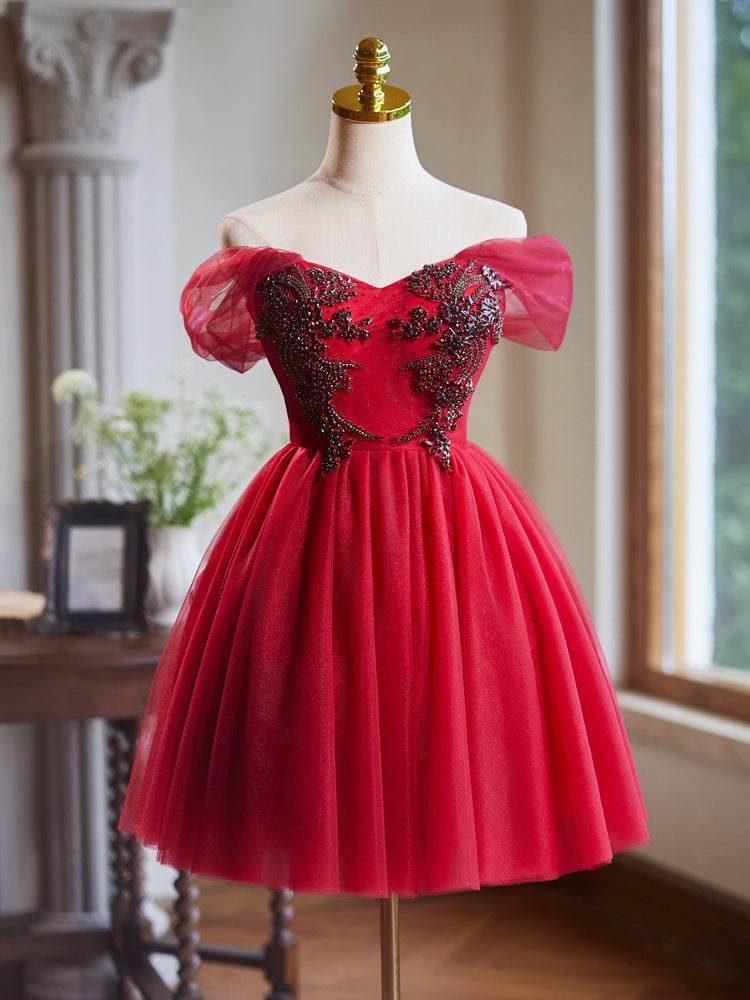 Elegant Burgundy A-Line Off-Shoulder V-Neck Beaded Tulle Prom Dress for Homecoming, Party & Special Occasions