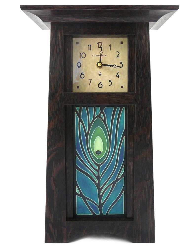 American Made Craftsman Style Oak Wood Mantel Clock with Peacock Feather Art Tile, Slate Finish, 15