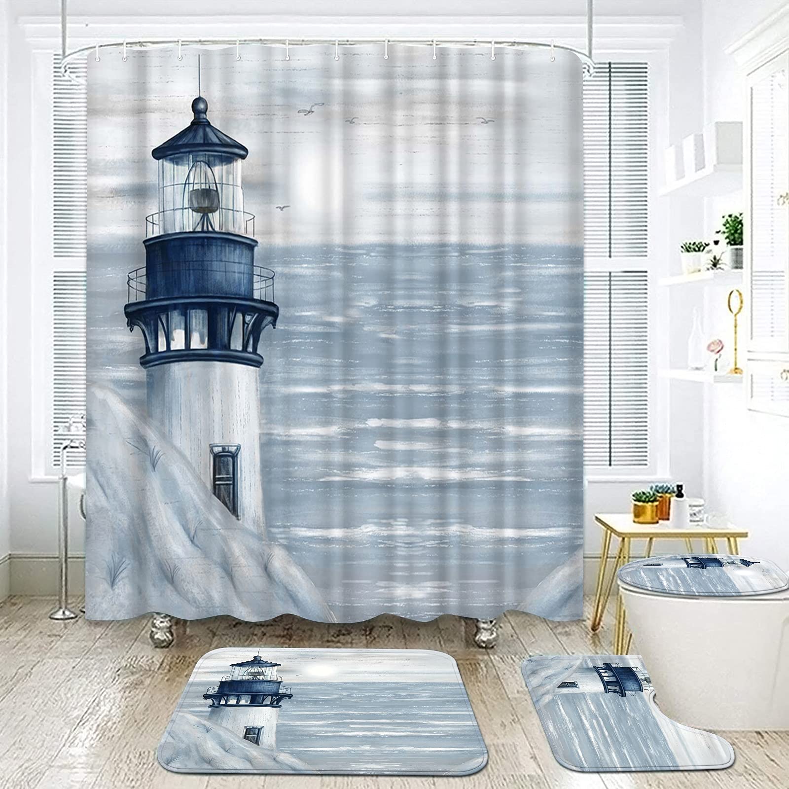 Coastal Lighthouse Shower Curtain Set - Beach Seascape Art Print with Hooks, Bath Mat & Rugs (4-Piece Bathroom Decor) - Perfect for Nautical, Beach House & Coastal Themed Bathrooms