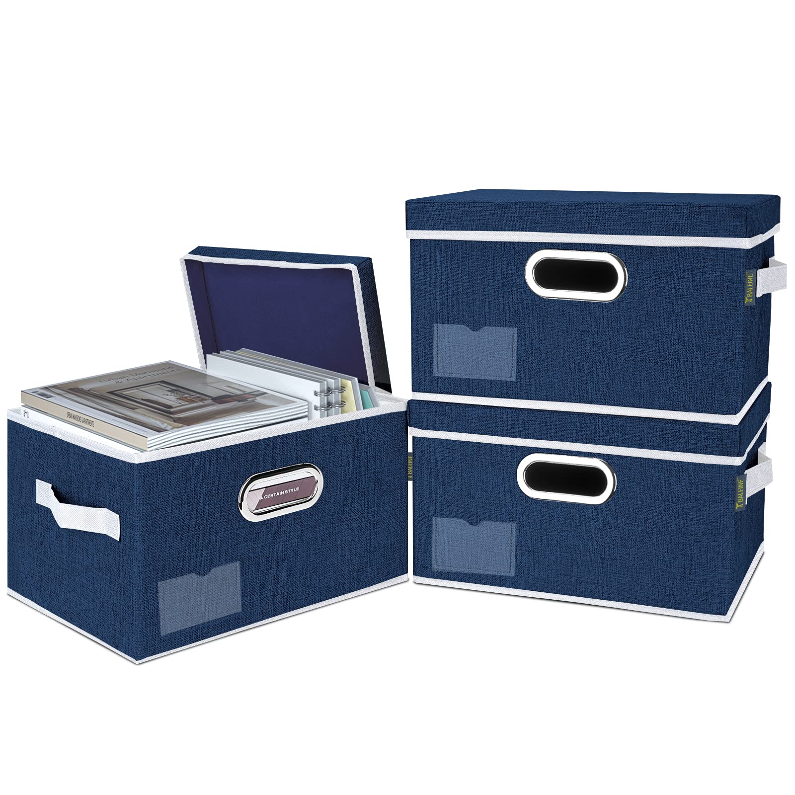 BALEINE Foldable Fabric Storage Bins with Lids - 3 Pack Large Blue Collapsible Closet Organizers for Bedroom, Office & Home Organization | Space-Saving Storage Solution for Clothes, Toys & Seasonal Items