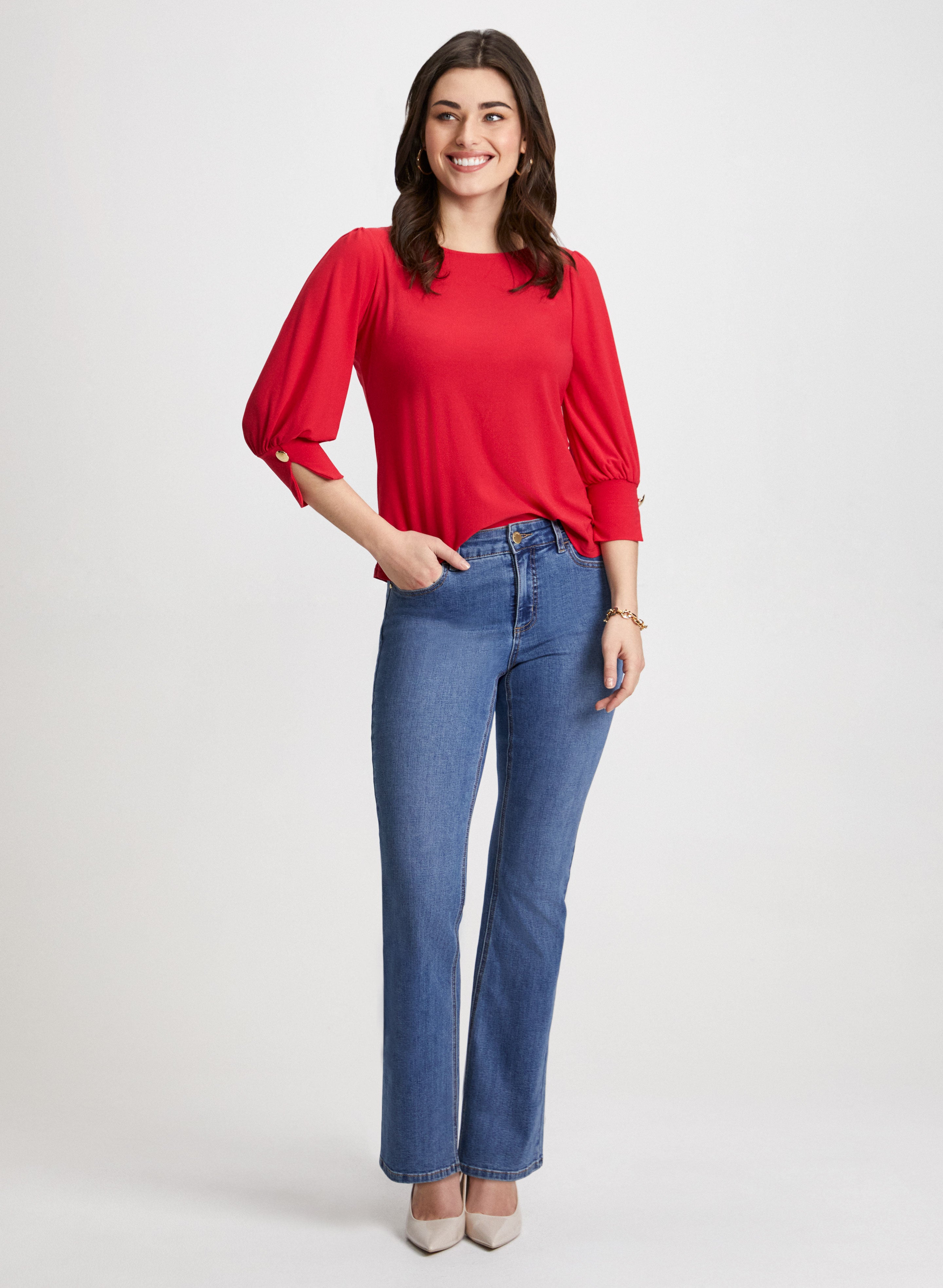 Women's 3/4 Sleeve Blouse with Chain Trim Jeans Set - Stylish Casual Outfit for Work, Date Night & Everyday Wear