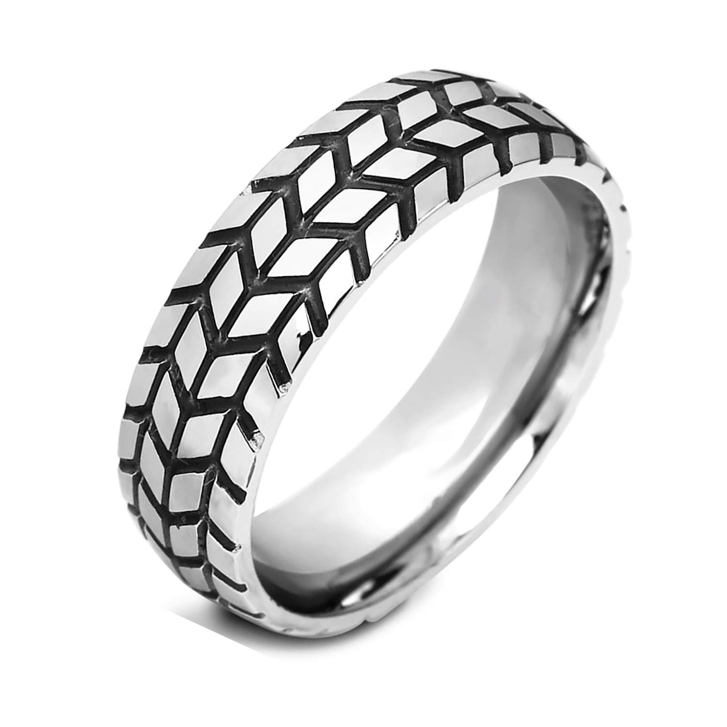 Titanium Steel Ring 6mm Wide Tire Tread Design Wedding Band for Men & Women - Size 7-12 with Gift Box - Perfect for Anniversary, Engagement & Everyday Wear