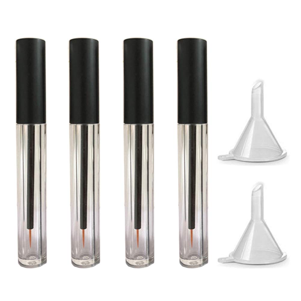 4 Pack 5ml Clear Empty Eyeliner Tubes with Black Lids - Refillable Eyelash Growth Serum Bottles, Plastic Mascara Containers with Brush for Lash Extensions & Eyelash Growth Oil - Includes 2 Mini Plastic Funnels - Perfect for DIY Beauty, Travel & Professional Salon Use