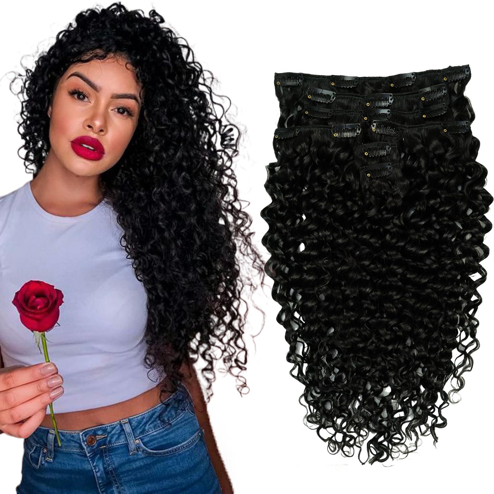 22 Inch Clip-in Human Hair Extensions - 7pcs Real Human Hair with 16 Clips, #1B Soft Thick Full Wavy Ends, Natural Black Curly Hair Extensions for Women | Perfect for Parties, Weddings & Daily Styling