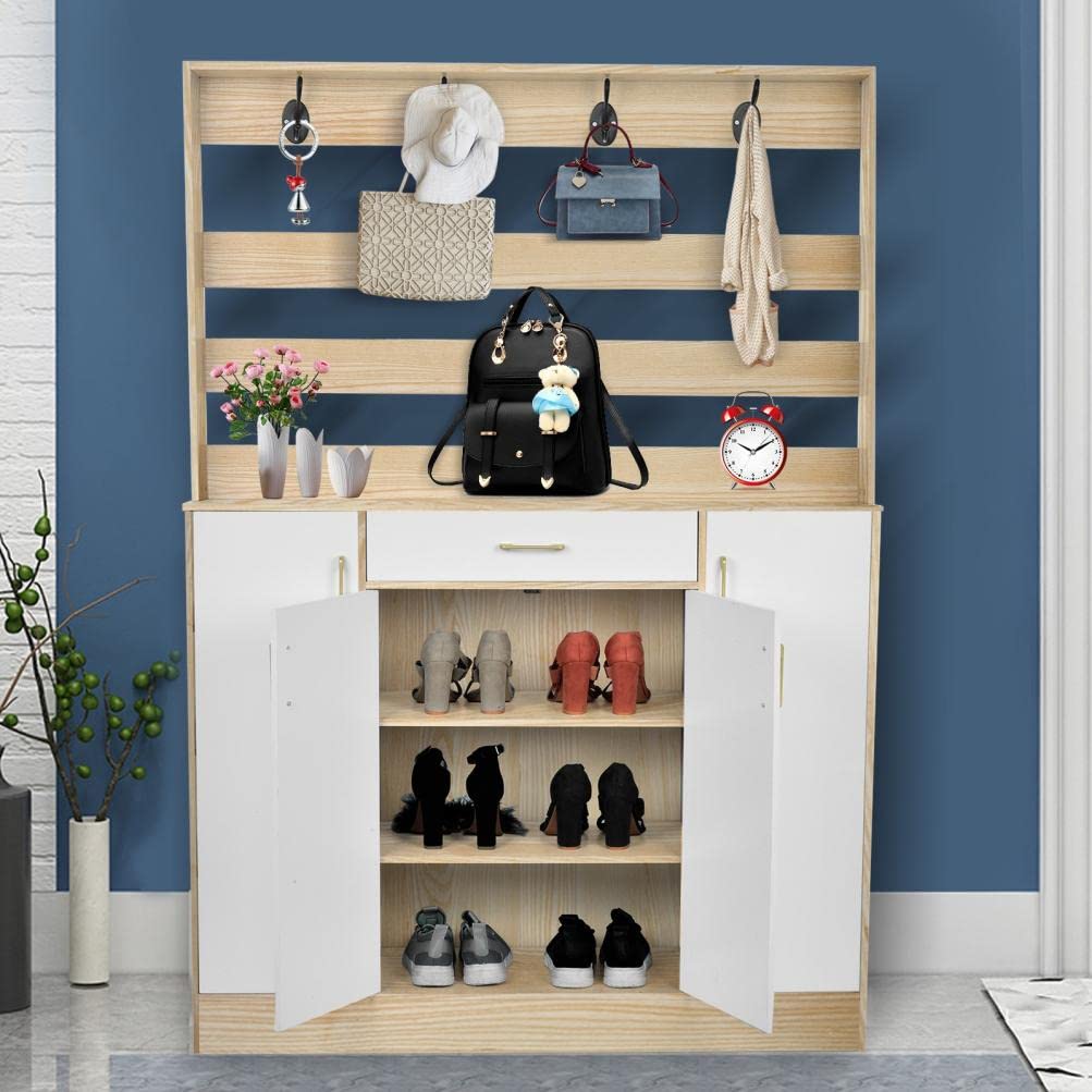 Entryway Cabinet Hall Tree with Bench & Shoe Storage - Freestanding Coat Rack Shoe Organizer for Mudroom, Entryway & Foyer - Multi-Functional Storage Cabinet with Hooks & Shelves for Coats, Shoes & Accessories
