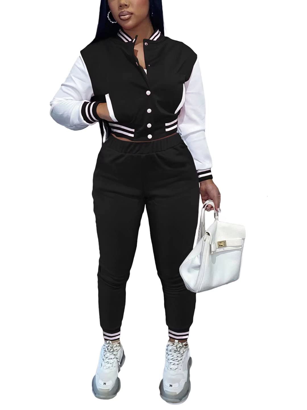 Women's 2-Piece Letterman Outfit - Bomber Crop Jacket & Jogger Pants Set with Pockets | Casual Streetwear Tracksuit for College, Sports & Everyday Fashion