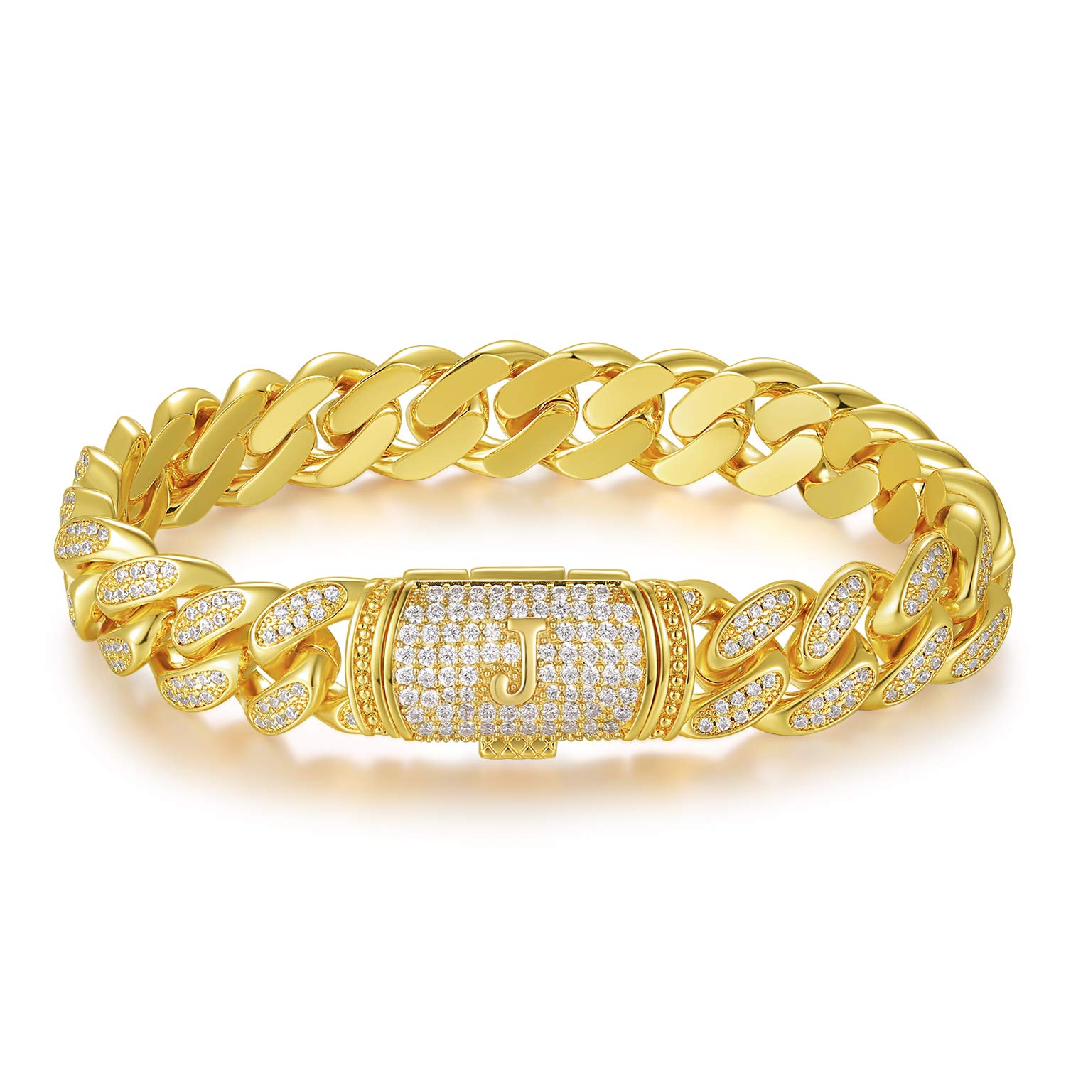 ETEVON Gold Plated Cuban Link Initial Bracelet for Men & Women - Hip Hop Jewelry Gift for Birthday, Christmas, Valentine's Day - Perfect for Husband, Boyfriend, Son - Great for Parties, Date Nights & Special Occasions