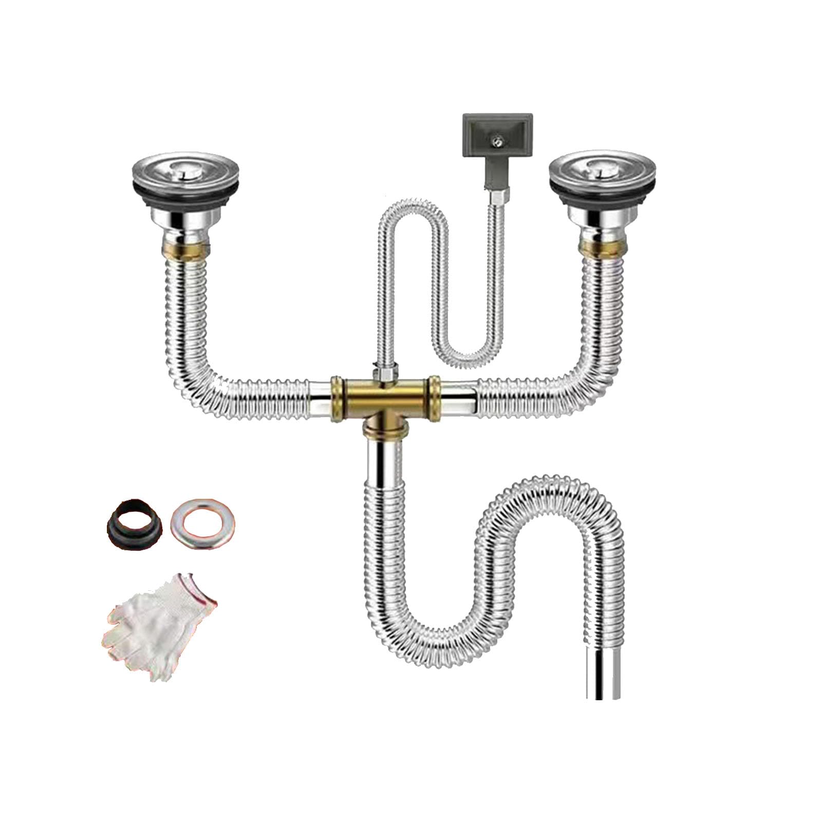 RZGZKLSH Stainless Steel Double Sink Downpipe Fittings - Flexible Trap Tube for Kitchen, Bathroom, Washroom - Durable Sewer Drain Pipe for Efficient Water Flow in Home and Commercial Use