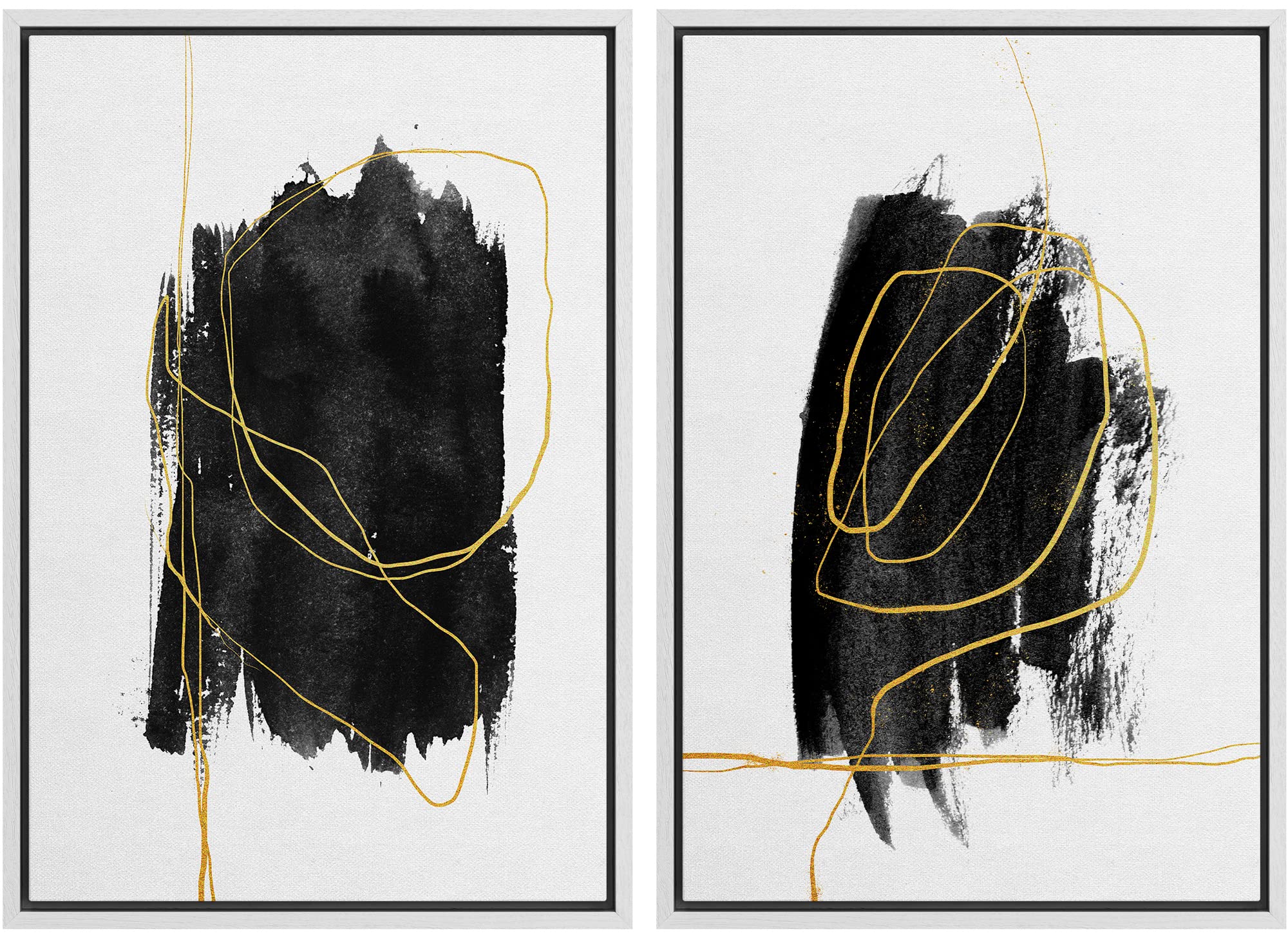 Modern Abstract Framed Canvas Wall Art Set - Black Paint Splatter with Gold Line Collage, Nordic Style Home Decor for Living Room, Bedroom & Office - 24x36 Inches White Frame | Perfect for Contemporary Spaces & Gift Giving