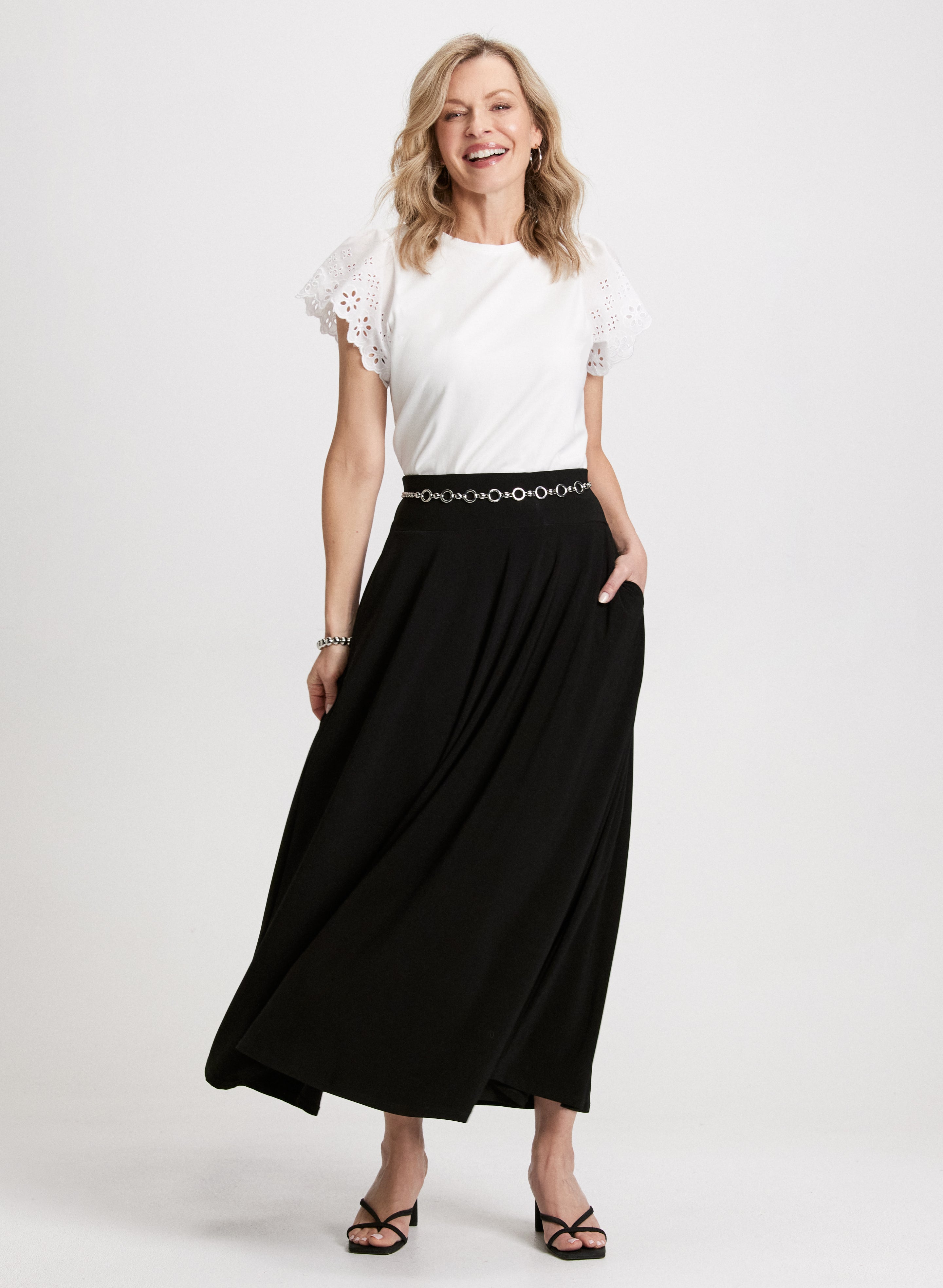 Eyelet T-Shirt & Maxi Skirt Set - Women's Boho Lace Trim Cotton Top and Flowy Skirt Outfit for Summer Beach, Vacation, and Casual Wear