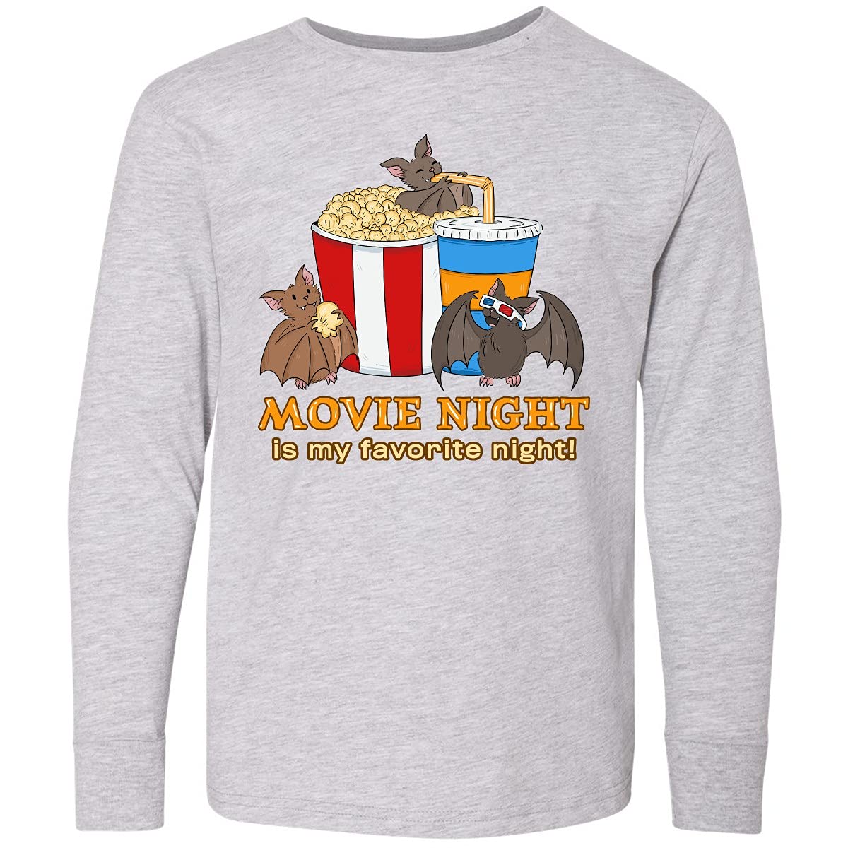 Inktastic Movie Night is My Favorite Night Bats Youth Long Sleeve T-Shirt | Cute Bat Design for Halloween, Sleepovers & Family Movie Nights