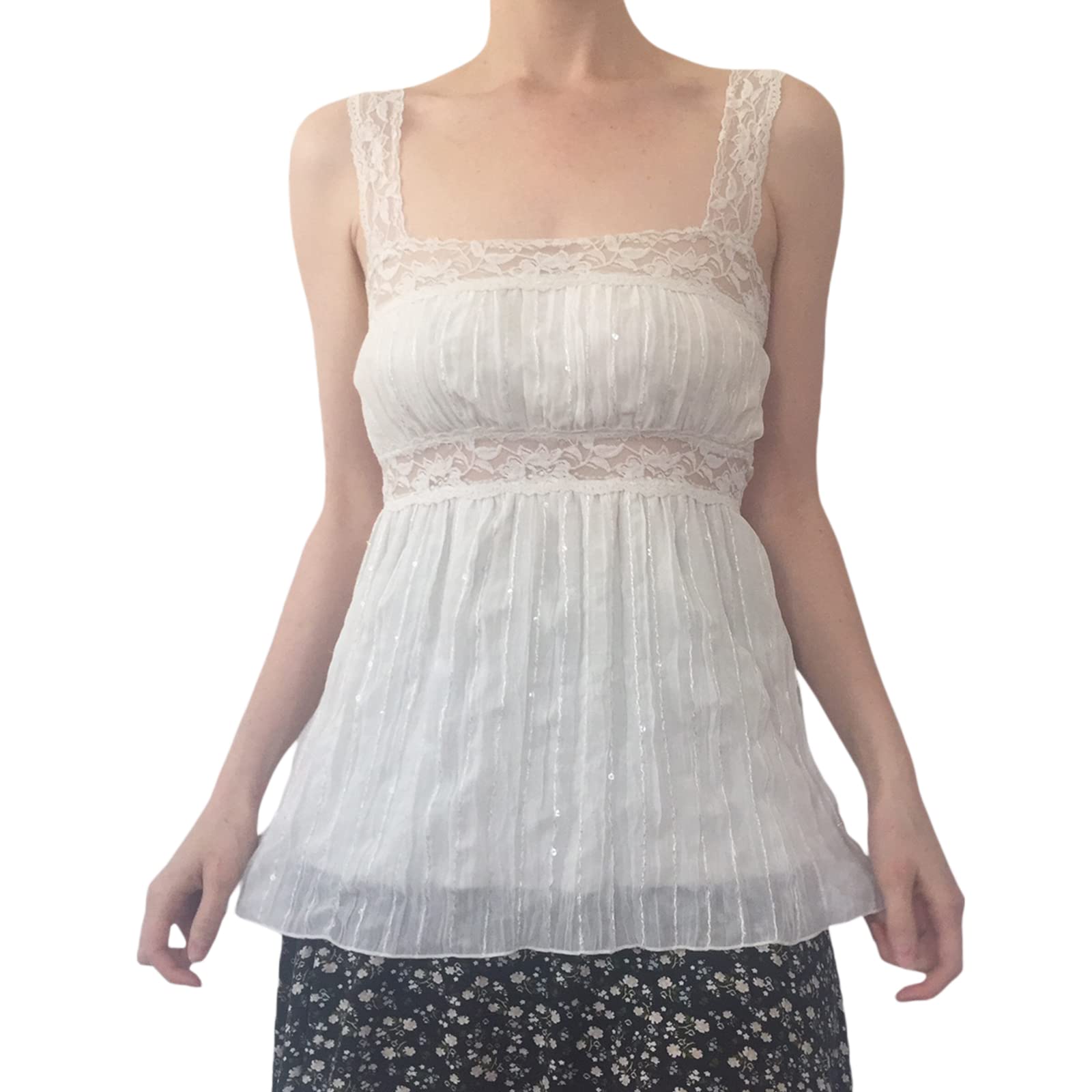Women's Summer Lace Stitching Square Neck Sleeveless Tank Top - Breathable Streetwear Vest for Girls | Perfect for Beach Outings, Casual Wear & Summer Fashion