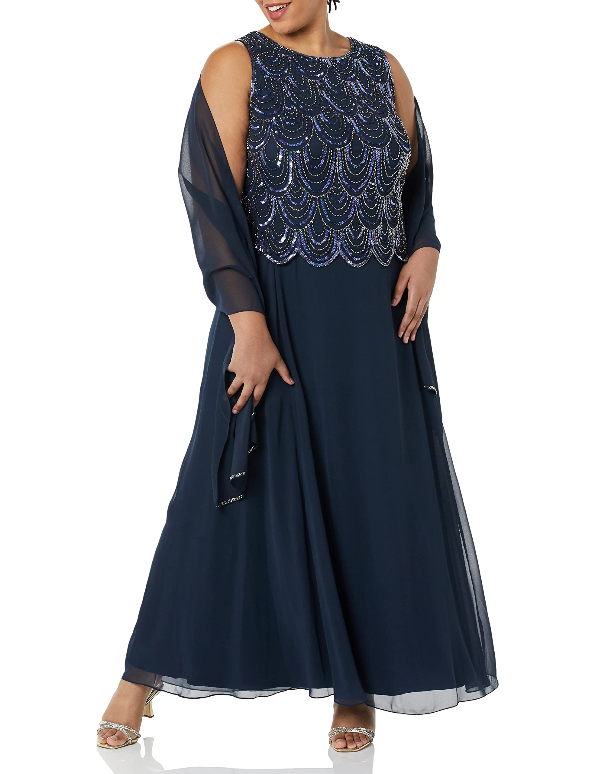 J Kara Women's Elegant Sleeveless Beaded Long Dress with Detachable Scarf - Perfect for Summer Weddings, Beach Vacations & Evening Parties