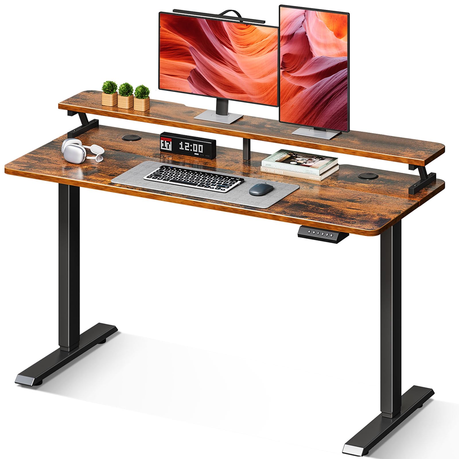 KKL 55'' Electric Height Adjustable Standing Desk with Monitor Shelf - 4 Memory Preset, Motorized Sit Stand Workstation for Home Office (Rustic Brown) | Ergonomic Computer Desk for Remote Work & Gaming Setup