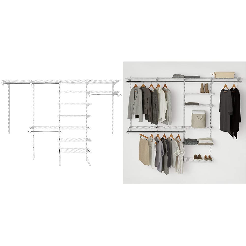 Rubbermaid FastTrack Deluxe Closet Organizer System - White Expandable Wire Shelving Kit (4-10 Ft Adjustable) with Telescoping Rods for Bedroom, Walk-in Closet & Storage Organization