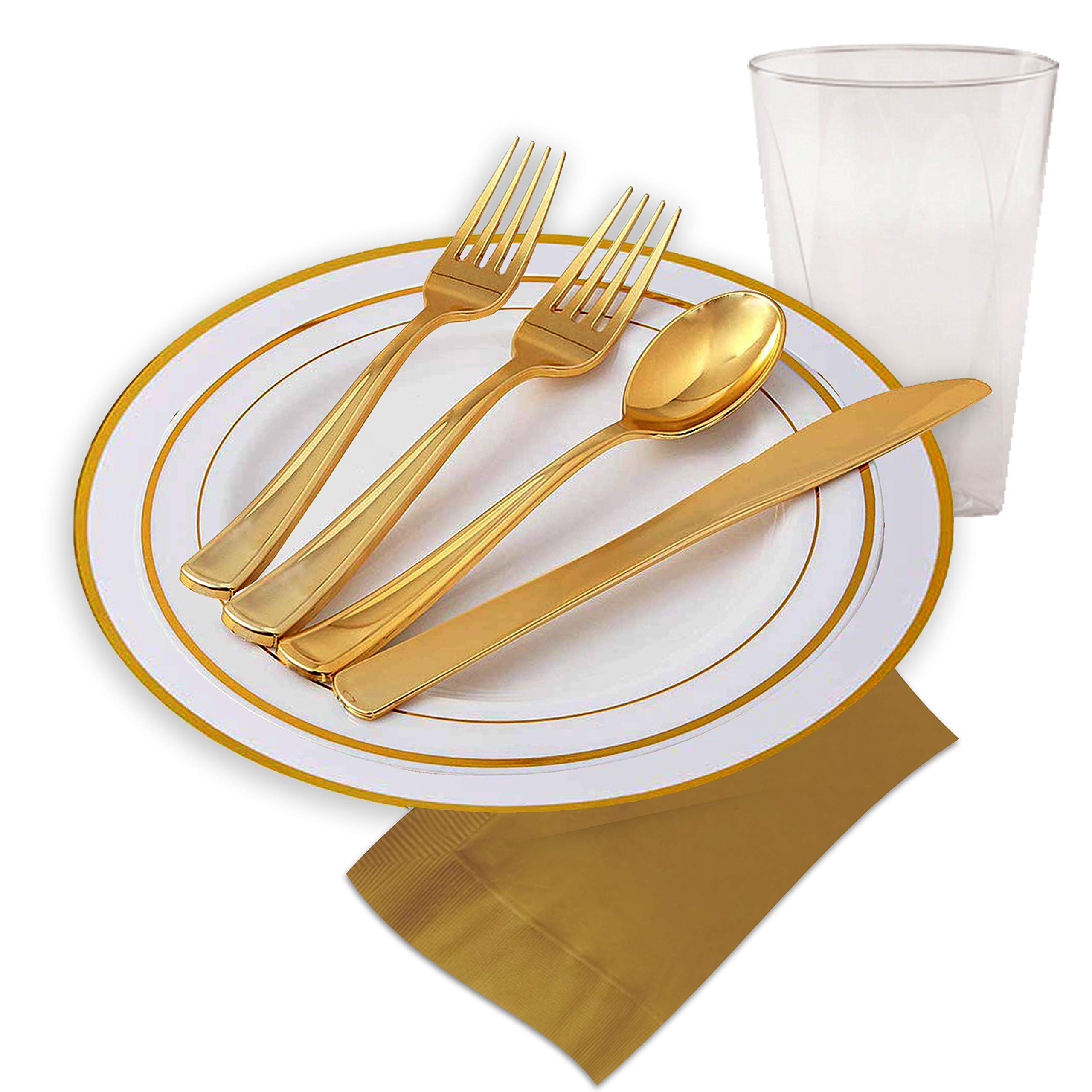 Elegant Gold Plastic Plates Set for Parties (160 Pc, 20 Settings) - Disposable Plastic Silverware for Weddings, Events & Catering | Includes Plates, Forks, Spoons, Knives & Cups | Perfect for Wedding Receptions, Birthday Parties & Formal Dinners
