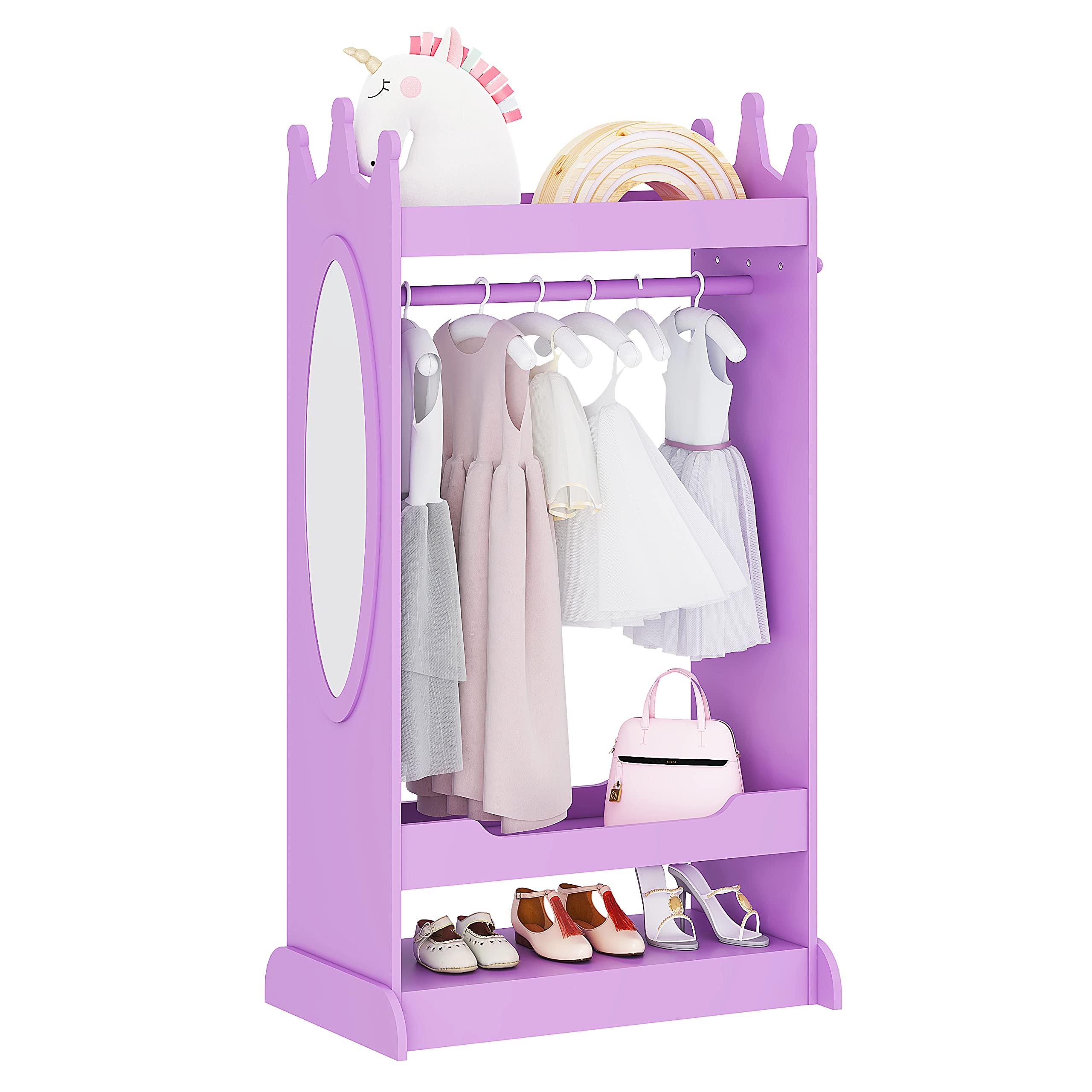 UTEX Kids Dress Up Storage Organizer with Mirror - Hanging Armoire Closet for Costumes & Pretend Play - Violet Toy Closet for Bedroom, Playroom & Dress-Up Corner