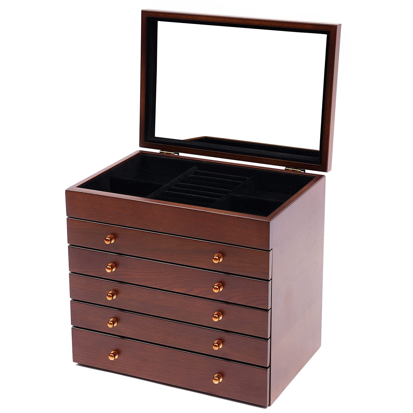 LYNICESHOP 6-Layer Large Wooden Jewelry Box with Mirror & Lock - Jewelry Storage Organizer for Watches, Earrings, Rings, Necklaces & Bracelets - Perfect for Bedroom Vanity, Travel & Gift Giving