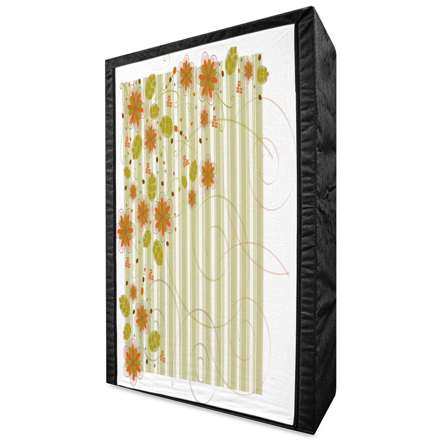 Ambesonne Floral Portable Fabric Wardrobe - Retro Spring Flowers & Swirled Branches on Striped Background - 42.5 Inch Clothing Organizer with Shelves - Green Orange White Storage Closet for Bedroom, Dorm, Closet Organization & Seasonal Clothes Storage