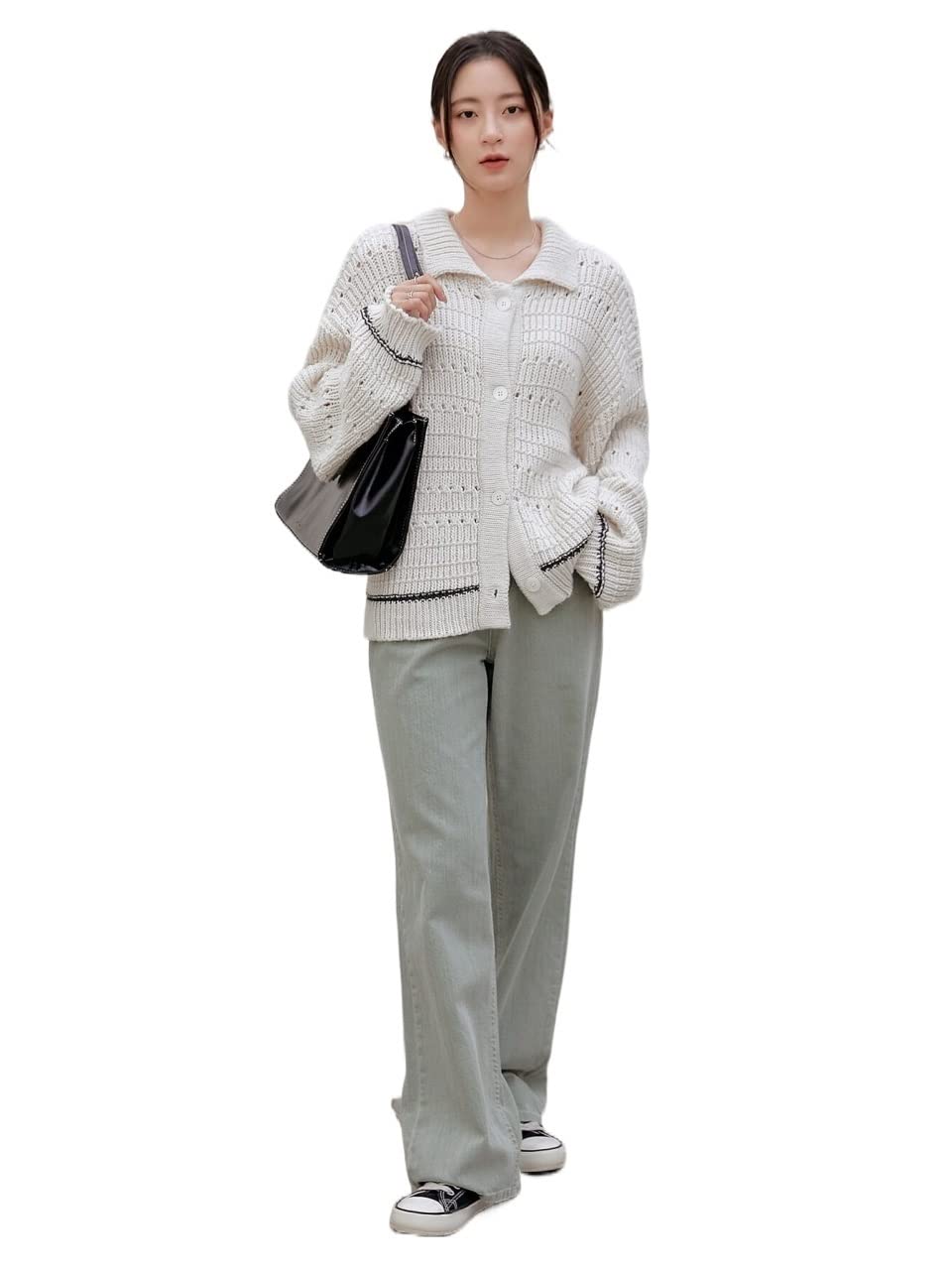 Women's Pointelle Knit Striped Drop Shoulder Cardigan Sweater - Beige, Size P | Cozy Fall & Winter Layering, Casual Outfits, Office Wear
