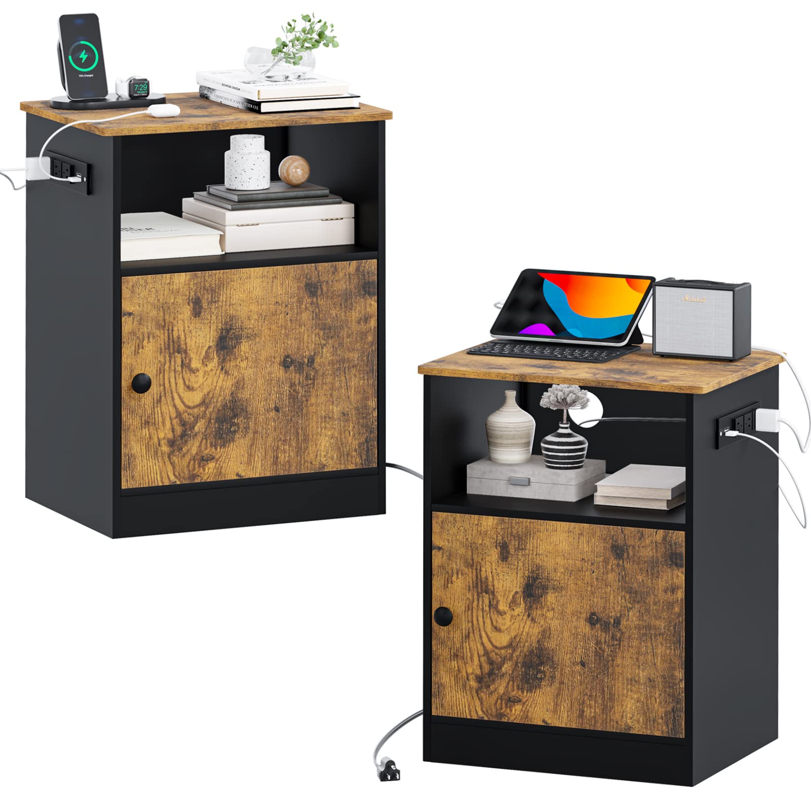 EPHEX Set of 2 Modern Nightstands with USB Charging Station, Bedside Tables with Cabinet & Open Storage for Bedroom - Black & Rustic Brown | Perfect for Smartphone Charging, Reading Lamps & Bedroom Organization