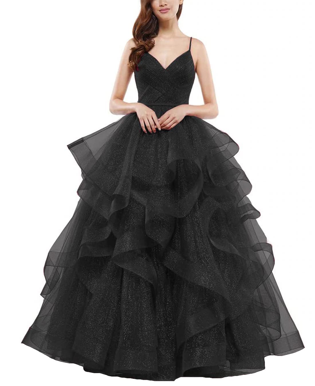 Sparkly Women's Glitter Ruffled Tulle Prom Dress 2024 - Long Spaghetti Straps Formal Evening Gown for Homecoming, Ball, Quinceañera & Special Occasions