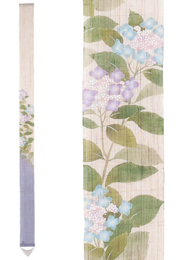Hand-Dyed Linen Japanese Narrow Tapestry - Lacecap Hydrangea Kyoto Noren Wall Hanging Scroll | Traditional Home Decor, Room Divider & Window Covering