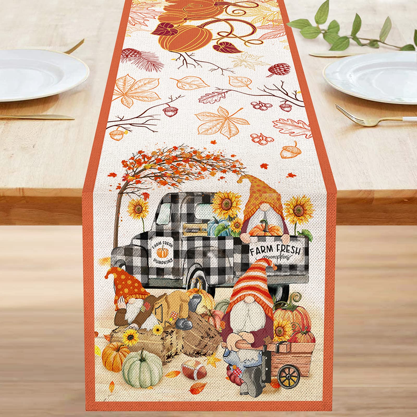 72 Inch Bonsai Tree Fall Table Runner - Rustic Buffalo Plaid & Pumpkin Gnome Design, Burlap Seasonal Table Decor for Home, Dining Room, Parties | Perfect for Thanksgiving, Autumn Gatherings & Farmhouse Style Decorations