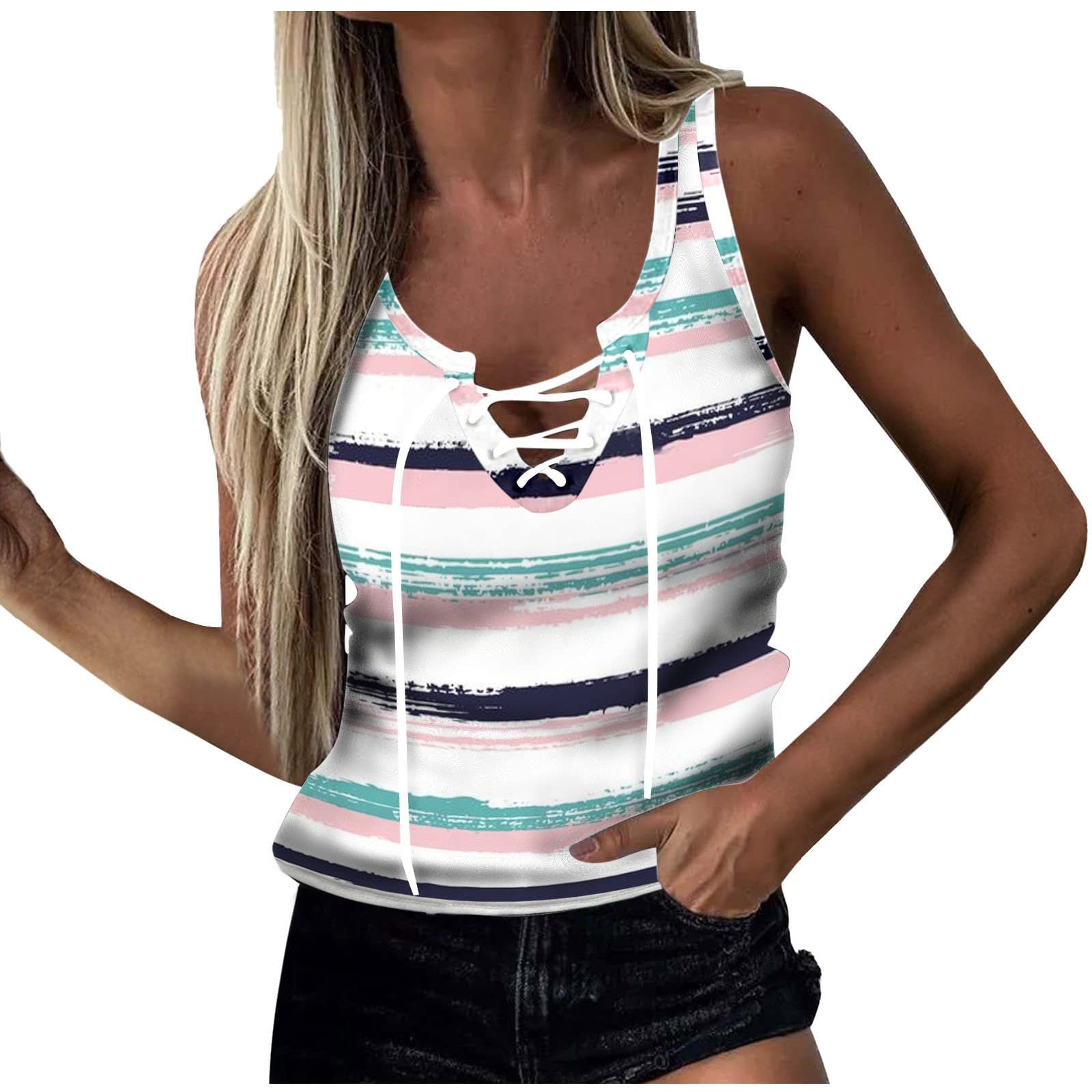 Sexy Women's V Neck Bandage Tank Top - Trendy Striped Print Sleeveless Blouse for Summer - Casual Going Out Tops & Ladies Vest - Perfect for Beach, Party, and Nightlife
