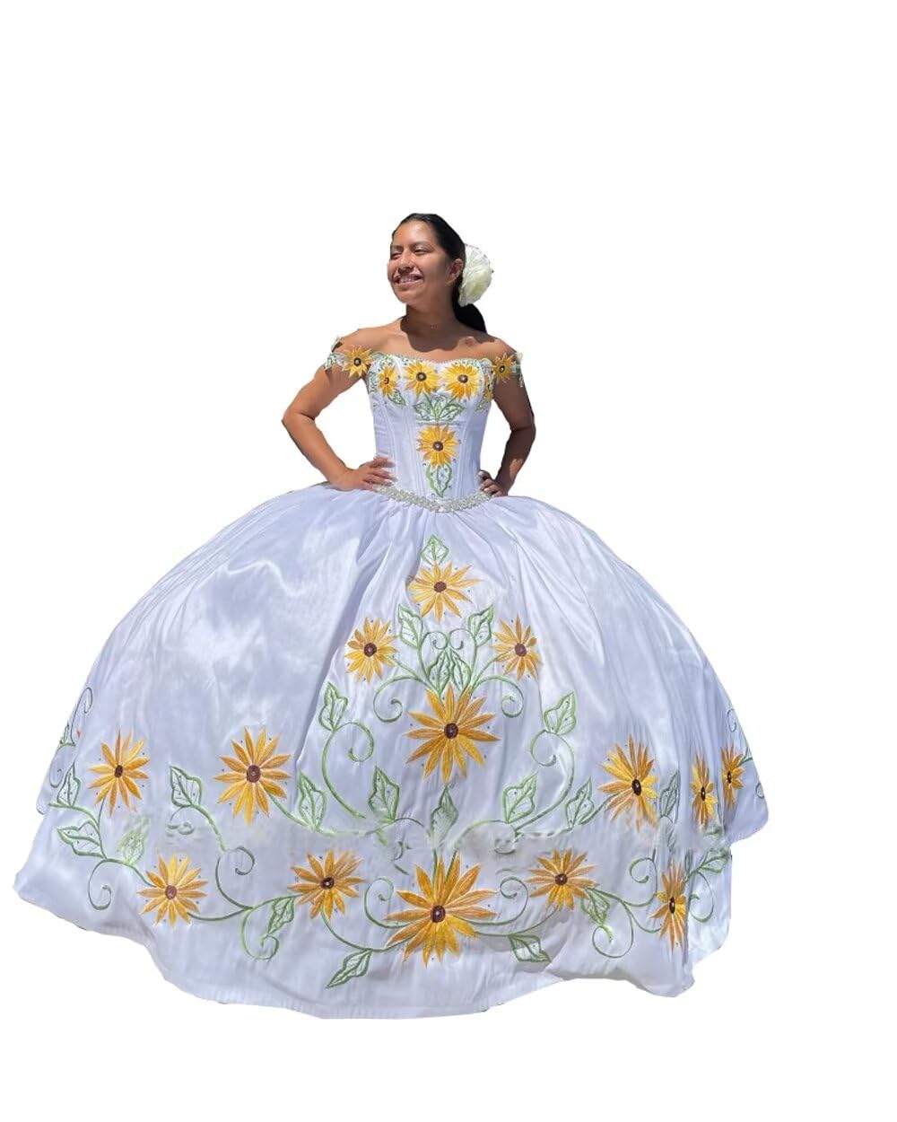 Elegant Yellow Floral Embroidered Mexican Quinceañera Dress - Charro Style Off-Shoulder Satin Prom Gown for Women 2025 | Perfect for Quinceañeras, Weddings & Special Occasions