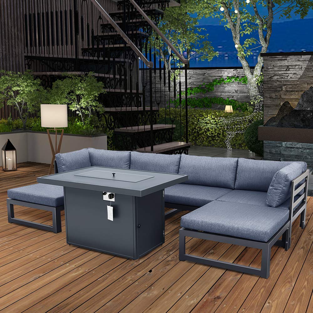 TOOMOO 7-Piece Outdoor Patio Furniture Set with Gas Fire Pit - Waterproof Aluminum Frame Sectional Sofa & Ottoman Set with Cushions for Garden, Backyard, Porch - Perfect for Entertaining, Relaxing & Outdoor Gatherings